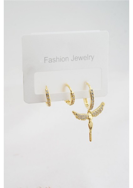 Kadın Altın Kaplama Zirkon Taşlı Melek Figürlü 3'lü Küpe Seti fiyatları