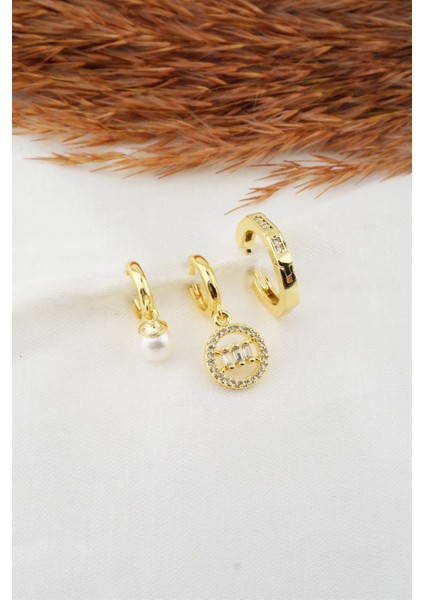 Kadın Baget Zirkon Taşlı Inci Detaylı 3'lü Küpe Seti