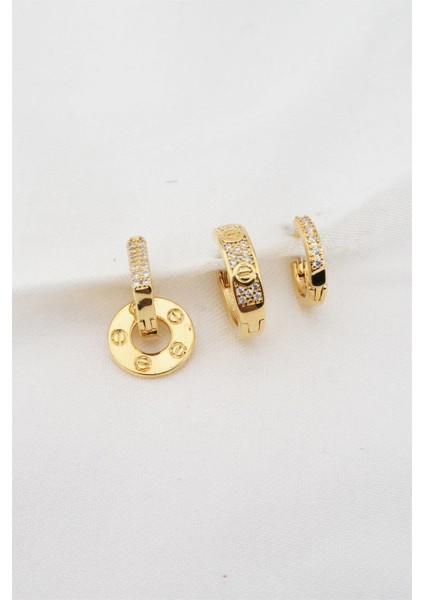 Kadın Altın Kaplama Zirkon Taşlı 3'lü Küpe Seti