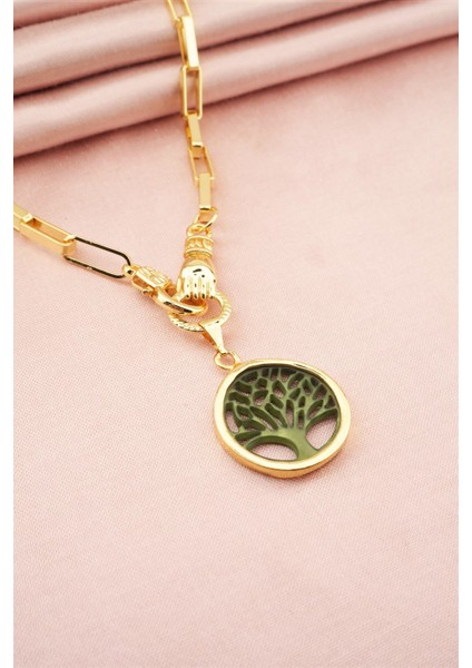 Kadın Özel Tasarım Hayat Ağacı ve El Figürlü Örme Zincirli Kolye
