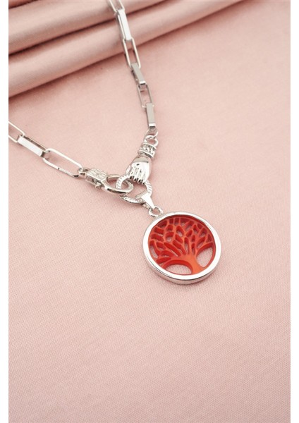 Kadın Özel Tasarım Hayat Ağacı ve El Figürlü Örme Zincirli Kolye