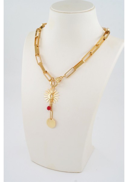 Kadın Özel Tasarım Kırmızı Boncuklu ve Güneş Figürlü Kolye