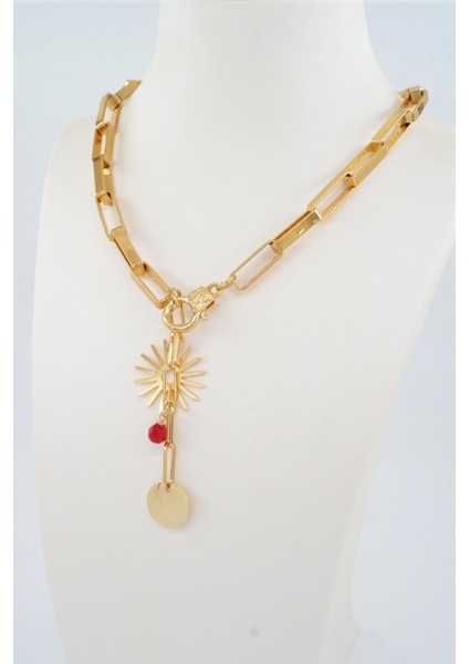 Kadın Özel Tasarım Kırmızı Boncuklu ve Güneş Figürlü Kolye fiyatları