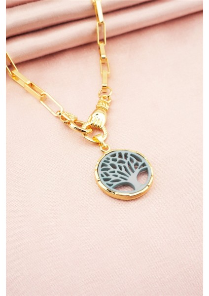 Kadın Özel Tasarım Hayat Ağacı ve El Figürlü Örme Zincirli Kolye