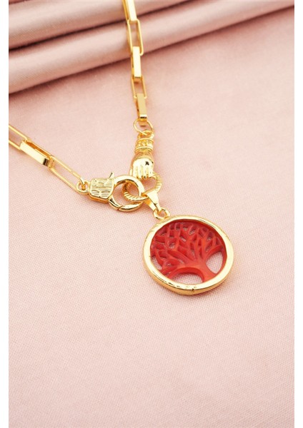 Kadın Özel Tasarım Hayat Ağacı ve El Figürlü Örme Zincirli Kolye