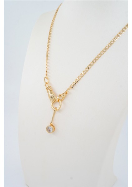 Kadın Özel Tasarım Zirkon Oval Taşlı ve El Figürlü Prenses Zincirli Kolye fiyatları