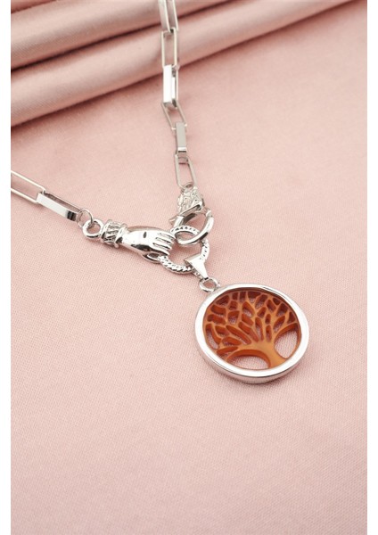 Kadın Özel Tasarım Hayat Ağacı ve El Figürlü Örme Zincirli Kolye
