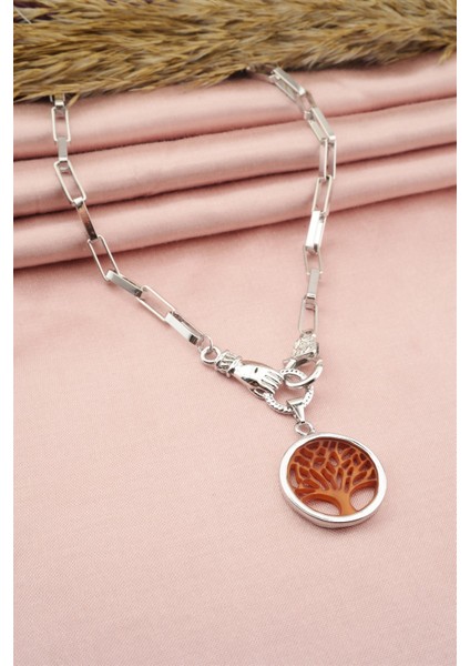 Kadın Özel Tasarım Hayat Ağacı ve El Figürlü Örme Zincirli Kolye fiyatları