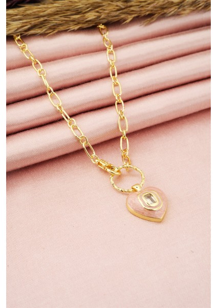 Kadın Özel Tasarım Pembe Mineli Kilit Figürlü Kolye modelleri