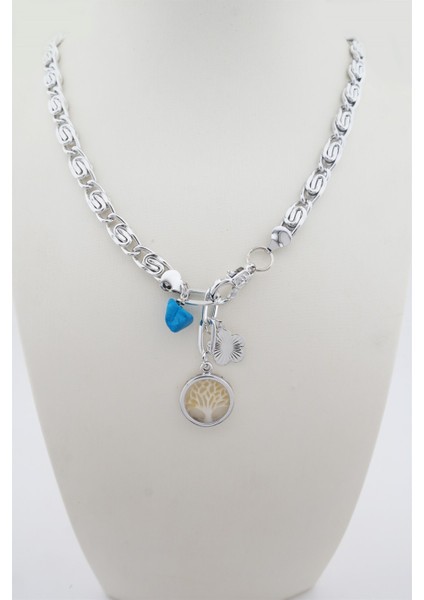 Kadın Özel Tasarım Beyaz Hayat Ağacı Figürlü Dogal Taşlı Kolye modelleri