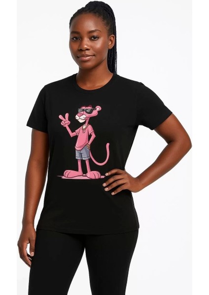 Kadın Bisiklet Yaka Kısa Kollu Baskılı T-Shirt - Siyah