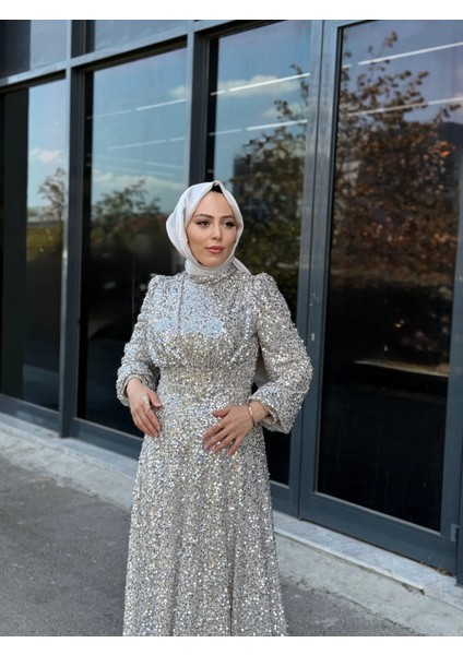 Plume Kadın Tesettür Payetli Abiye Elbise - Gümüş