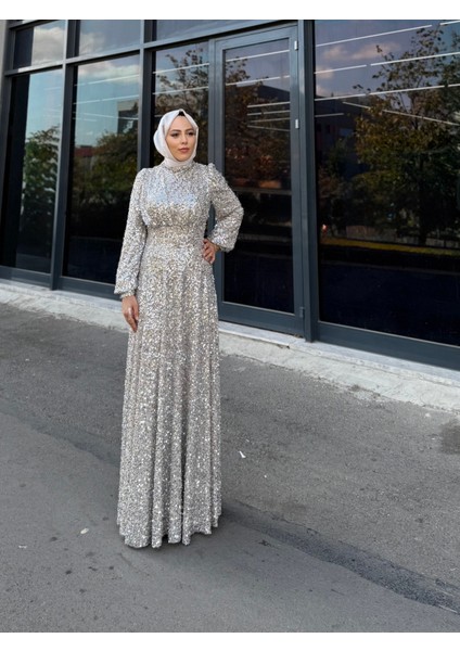 Plume Kadın Tesettür Payetli Abiye Elbise - Gümüş fiyatları