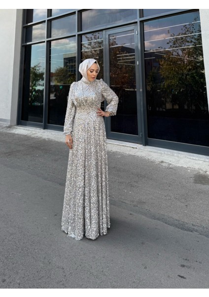 Plume Kadın Tesettür Payetli Abiye Elbise - Gümüş modelleri