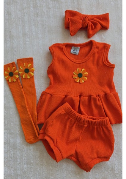 Turuncu Ribana Bebek Şort Bluz Bandana Çiçek Keçeli Çorap Set 6-36 Ay