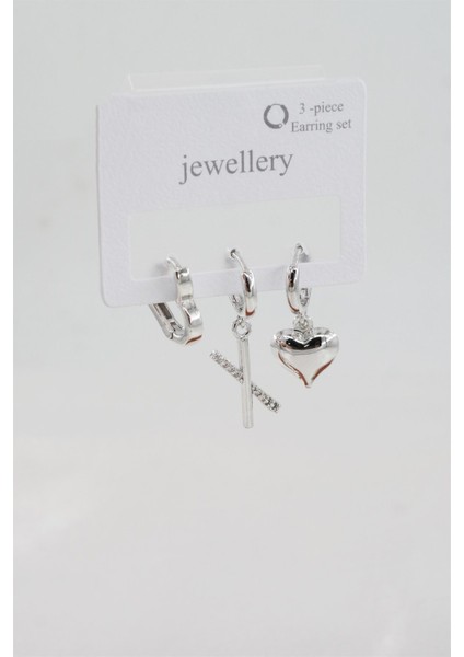 Kadın Zirkon Taşlı Kalp Figürlü 3'lü Set Küpe