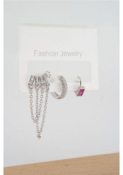 Kadın Vip Seri Baget Zirkon Taşlı Zincirli Model 3'lü Küpe Seti