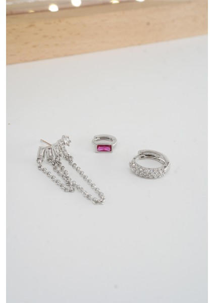 Kadın Vip Seri Baget Zirkon Taşlı Zincirli Model 3'lü Küpe Seti modelleri