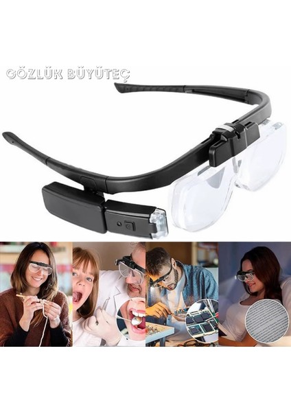 Şarjlı Işıklı Gözlük Büyüteç 3 Lensli Okuma Kuyumcu Gözlüğü Saatçi Onarımı Dokuma Sanatı