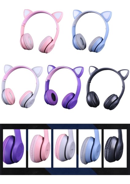 P47M Sevimli Renkli Kedi Bluetooth Kulaklık Üstü Kulaklık Siyah fırsatları