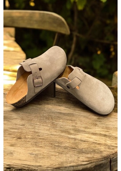 Anatomik Doğal Mantar Taban Hakiki Süet Deri Ark Destekli Unisex Kapalı Sabo Terlik – Taupe