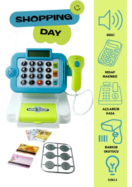 Işıklı Sesli Barkod Okuyucu Özellikli Oyuncak Mavi Yazar Kasa 14 Parça Aksesuar