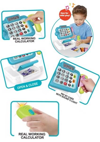 Işıklı Sesli Barkod Okuyucu Özellikli Oyuncak Mavi Yazar Kasa 14 Parça Aksesuar fırsatları