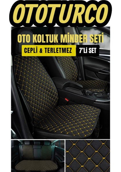 Terletmez Ergonomik Ototurco Koltuk Kılıfı-Minderi (7 Parça) - 5 Koltuk Araç Tam Set Siyah-Sarı