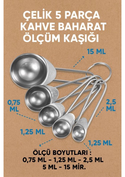 Çelik 5 Parça Kahve ve Baharat Ölçüm Kaşığı Seti, Pratik ve Şık Tasarım indirimleri