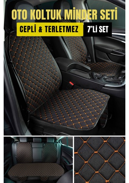 Terletmez Ergonomik Ototurco Koltuk Kılıfı-Minderi (7 Parça) - 5 Koltuk Araç Tam Set Siyah-Turuncu