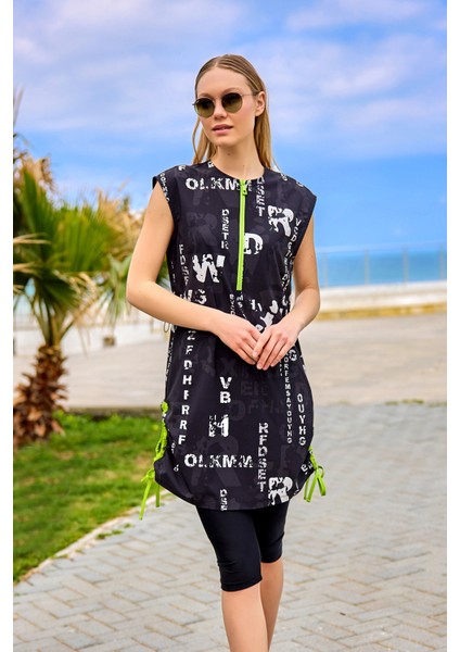 Siyah Yarı Kapalı Mayo Fermuarlı Yaka, Su Itici Kumaş, UPF50+ Koruma H2506