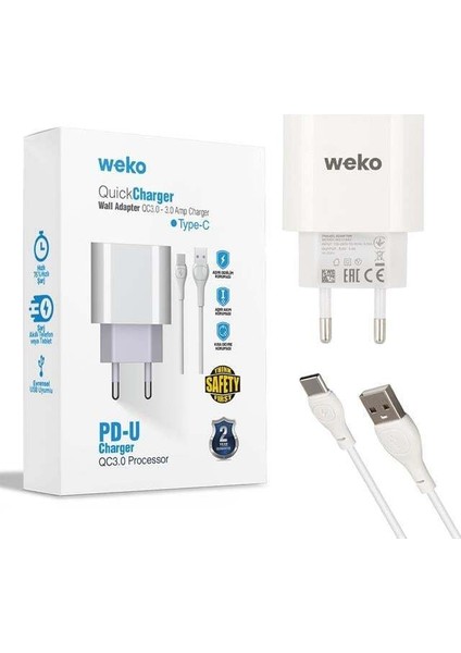 Weko WK-21442 Pdu Qc 3.0 Amper Telefon Şarj Başlık Adaptörü + Type-C Kablo