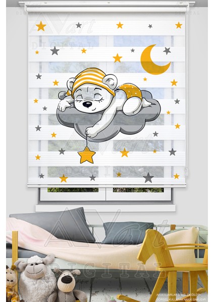 Sevimli Uyuyan Ayıcık Baskılı Çocuk Odası Perdesi - Sarı Gri - Dijital Baskılı Zebra Stor Perde
