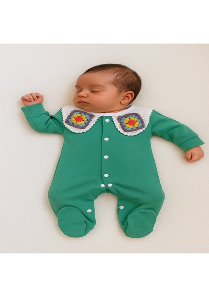 Kız Bebek Wintage Örgü Yaka Detaylı Tulum ( %100 Pamuk )