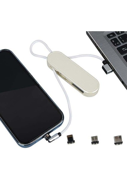 Powermaster PM-25905 Beyaz 3in1 (Type C- Lightning-Micro Usb) Manyetik Uç Taşınabilir Şarj Kablosu