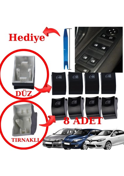 Fluence Megane 3 Laguna 3 Cam Düğmesi Seti Sağ Sol Ön Arka 8 Adetli Set