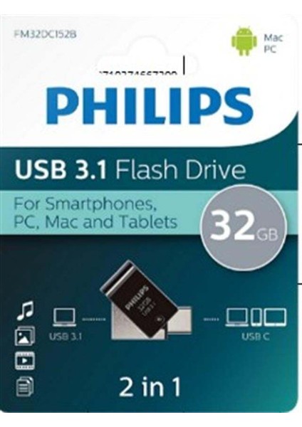 Philips FM32DC152B/00 32GB 2 In 1 Type-C/usb 3.1 Siyah Gri USB Bellek