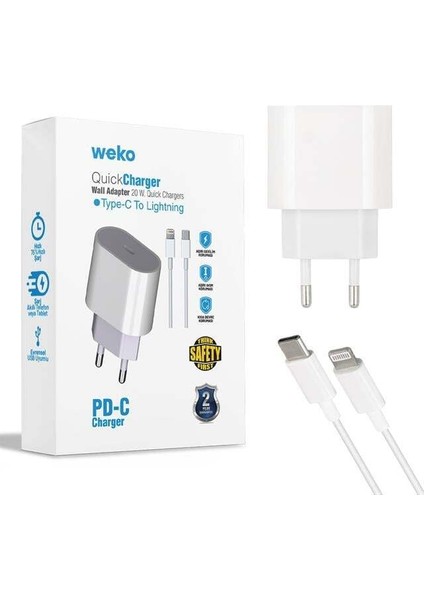 Weko WK-21443 Pd-C 20 Watt Telefon Şarj Adaptörü + Type-C To Lightning Kablo