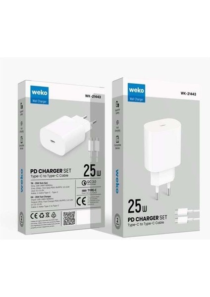Weko WK-27878 NOTE10 Beyaz 25 Watt Şarj Başlık Adaptörü + Type-C To Type-C Kablo