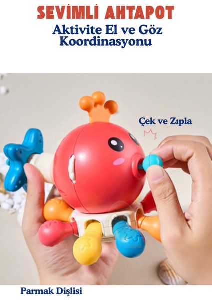 Sevimli Ahtapot Çok Fonksiyonlu Montessori Bebek Oyuncağı Kırmızı