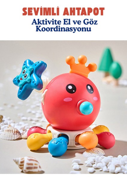 Sevimli Ahtapot Çok Fonksiyonlu Montessori Bebek Oyuncağı Kırmızı