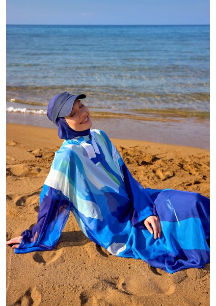 Lacivert Tül Kimono – Hafif, Tam Boy Tesettür Plaj Kimonosu P2507