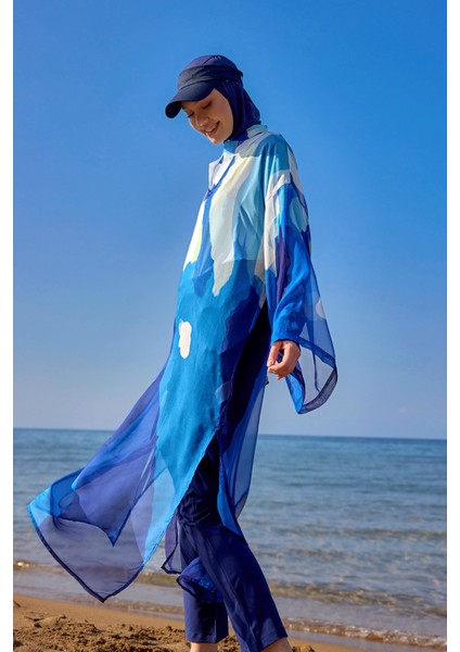 Lacivert Tül Kimono – Hafif, Tam Boy Tesettür Plaj Kimonosu P2507 fiyatları