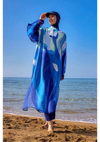 Lacivert Tül Kimono – Hafif, Tam Boy Tesettür Plaj Kimonosu P2507 modelleri