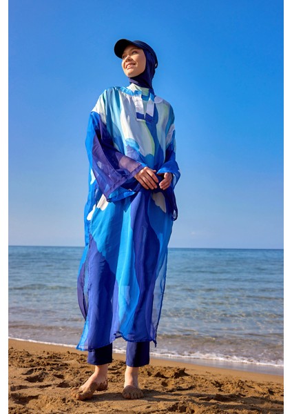 Lacivert Tül Kimono – Hafif, Tam Boy Tesettür Plaj Kimonosu P2507 fırsatları