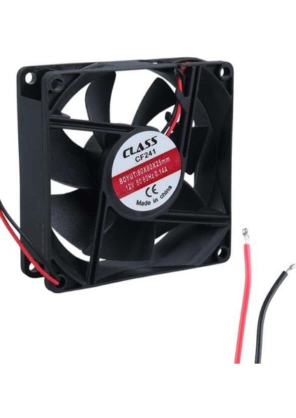 Class CF-241 DC12V 80X80X25MM Aksiyel Fan - 20CM Siyah-Kırmızı Güç Kablolu