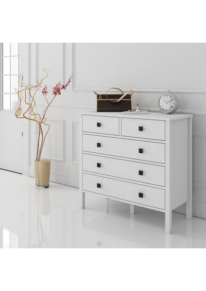 Hunerika Ancona 5 Çekmeceli Şifonyer-Wood Beyaz-Minifiks Bağlantılı