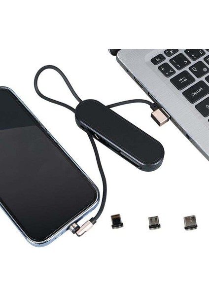 Powermaster PM-25906 Siyah 3in1 (Type C- Lightning- Micro Usb) Manyetik Uç Taşınabilir Şarj Kablosu