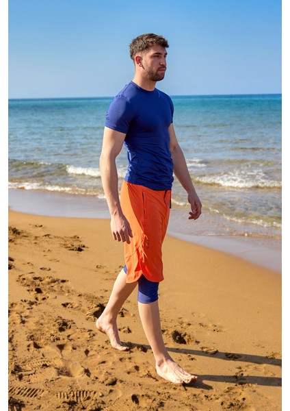 Turuncu Erkek Tesettür Yüzme Şortu - Iç Taytlı, UPF50+ Korumalı S2505-3