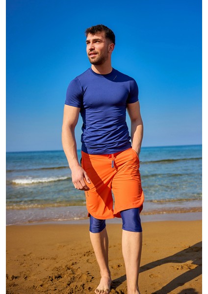 Turuncu Erkek Tesettür Yüzme Şortu - Iç Taytlı, UPF50+ Korumalı S2505-3 modelleri
